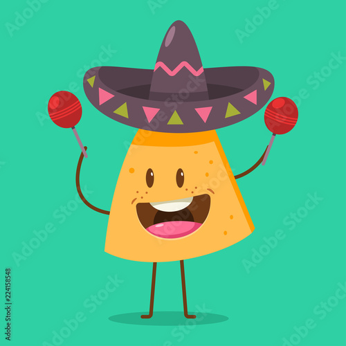 Cute Nachos character in sombrero with maracas. Funny mexican food vector cartoon illustration isolated on background.