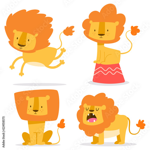 Cute lion simple vector cartoon set. Flat funny African animal character isolated on white background. photo