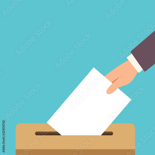 Voter's hand putting ballot into the box. Voting vector flat illustration.