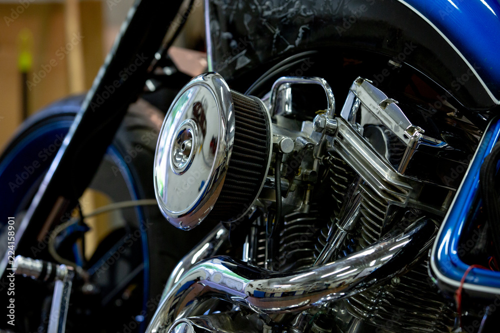 Fototapeta premium Engine close up shot of beautiful and custom made motorcycle