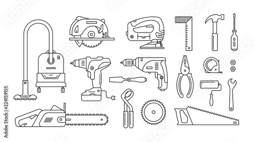 set of repair building tools icons outline