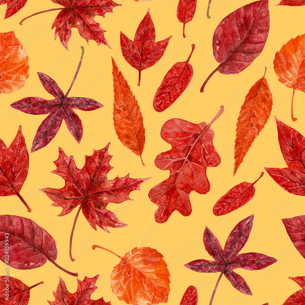Fototapeta premium Red autumn leaves painted with watercolors, seamless pattern for design.