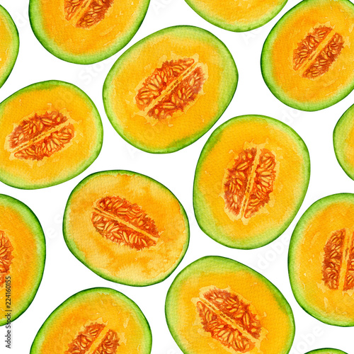 Watercolor pattern design with melon slices on white background.