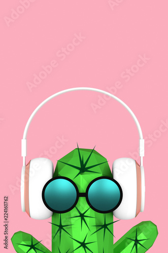 Funny cactus with headphones and sunglasses on pink pastel background 3D illustration