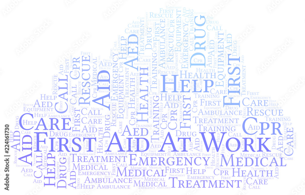 Obraz premium First Aid At Work word cloud, made with text only.