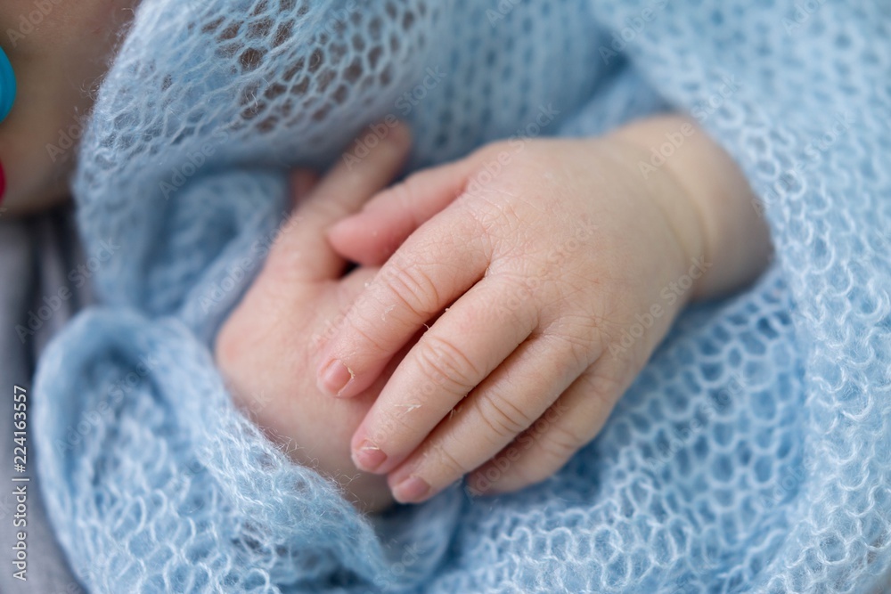 hands of a newborn baby. hands on blue . children's hands hands of a newborn baby. hands on blue . children's hands