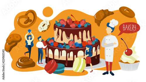 Small people cooking a giant cake for celebration