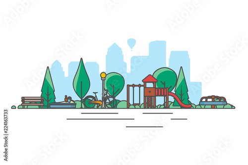 Public park in the city with children playground. Vector illustration.
