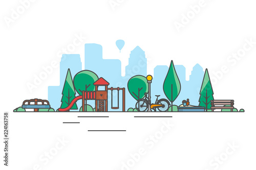 Public park in the city with children playground. Vector illustration.
