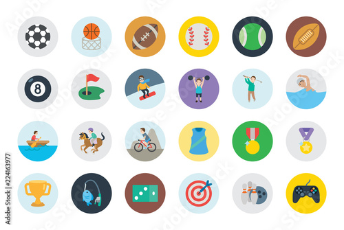 All type of sports, recreation, fitness emojis, emoticons, stickers. Games, horse riding, rider, soccer, football balls, mountain biking symbols, vector illustration icons, concept, set, collection