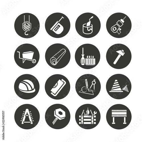 construction tool icon set in circle buttons