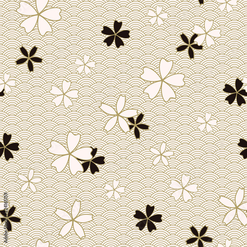 Japanese classic Sakura Vector Seamless Pattern floral in black and light beige colors. Traditional kimono, Asian festive motif with spring flowers in blossom, golden stroke effect