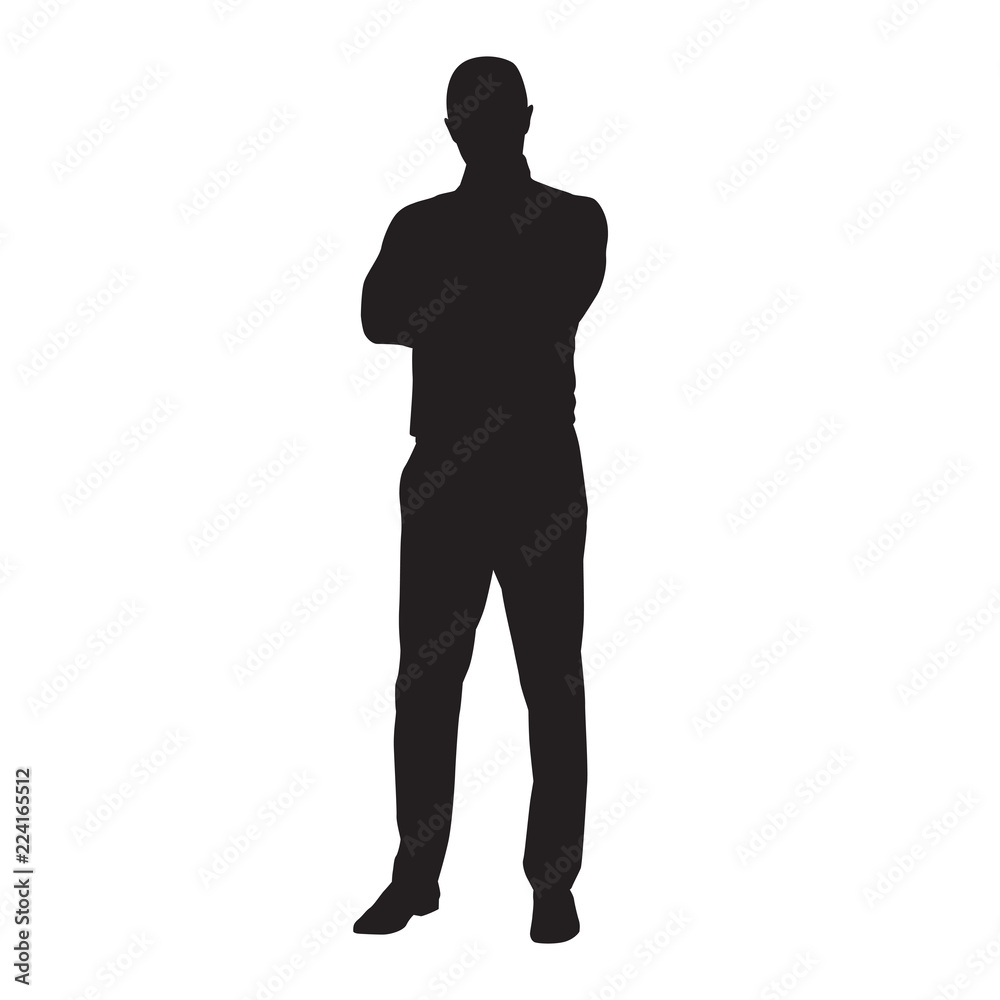 Business man in shirt standing with folded arms, isolated vector silhouette. Front view