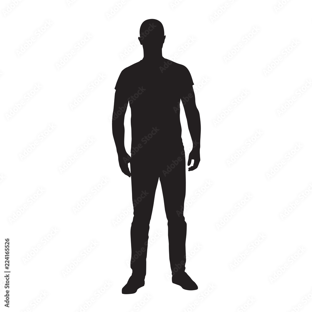 Man standing in t-shirt and jeans, isolated vector silhouette. Front view