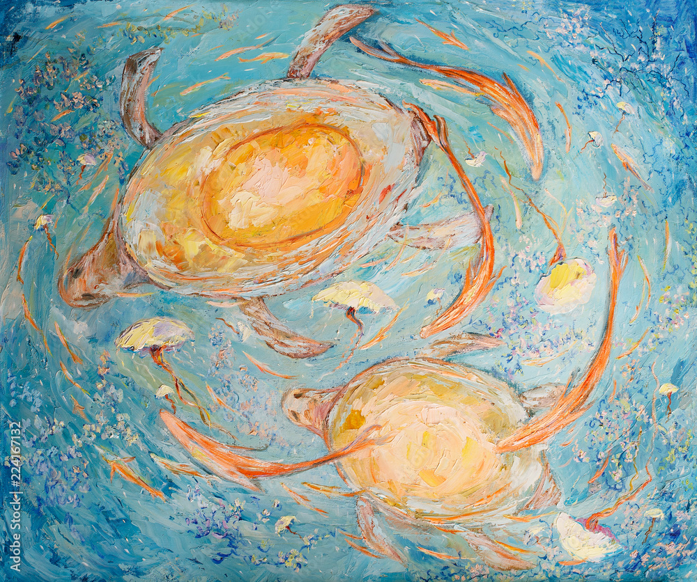 Naklejka premium Painting oil on canvas - Two yellow turtles, fishes and jellyfishes swimming in blue water.