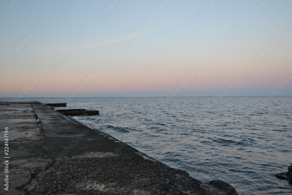 sunset on sea, pier, sea,  sunset, waves