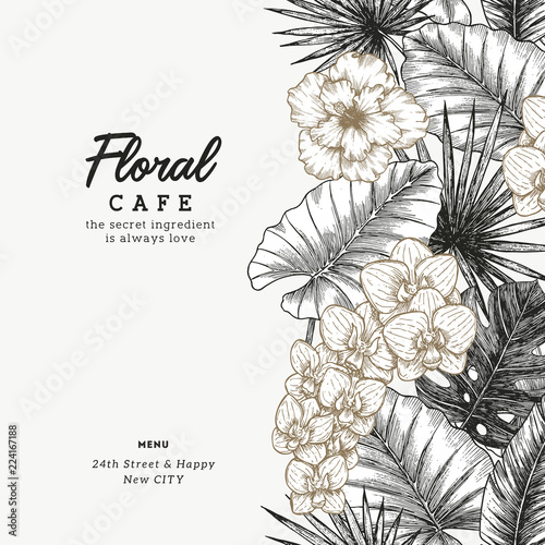 Banner with exotic flowers and leaves. Card design template. Vector illustration