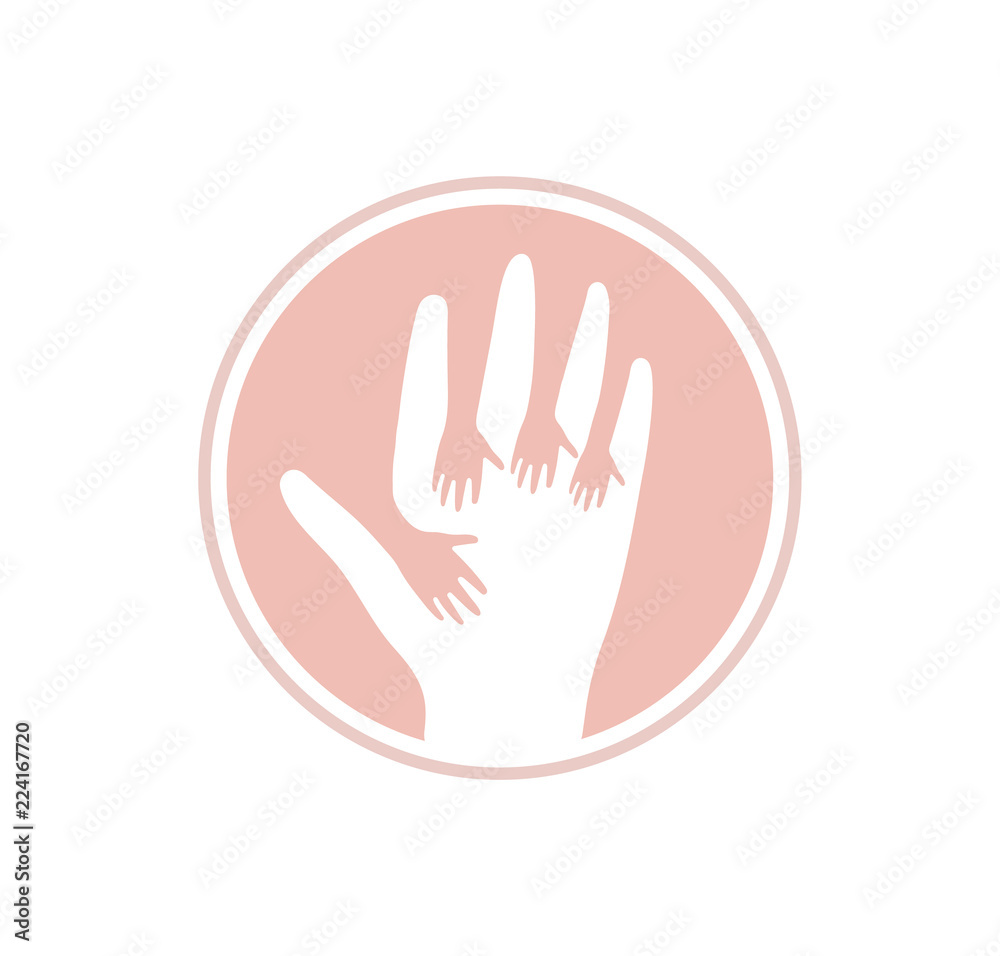 Hands up vector icon. Kids Help logo template. Flat human hand logotype. Care abstract pink symbol. Isolated vector illustration on white background. Hands up vector icon. Kids Help logo template. Flat human hand logotype. Care abstract pink symbol. Isolated vector illustration on white background.