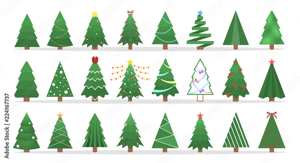 Cute green christmas tree of different shape set.