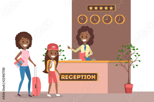 People standing in queue at the hotel reception.