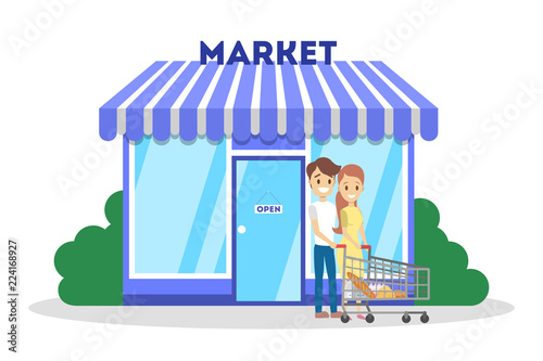 People going out of the supermarket with food