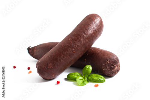 Bild auf Leinwand Food concept Raw Blood pudding black sausages on white backgroud
