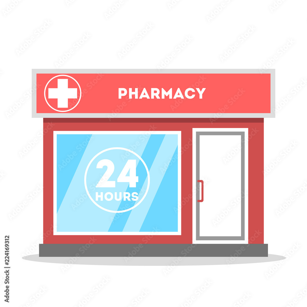 Pharmacy city street building exterior front view Pharmacy city street building exterior front view