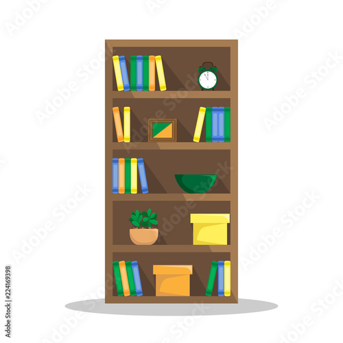 Flat illustration of a cozy bookcase with books, clock, plants and boxes.