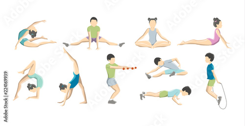 Children doing gymnastics. Set of kid stretching
