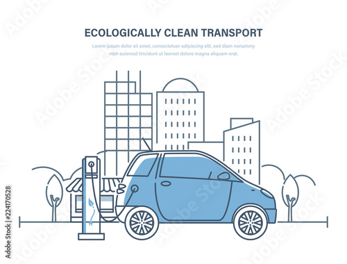 Ecologically clean transport. Electric car, machine, charging at gas station.