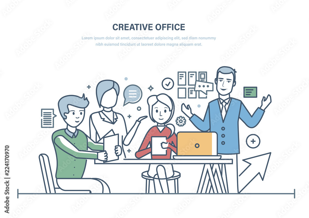 Creative office. Workers meeting, office business team, partnership.
