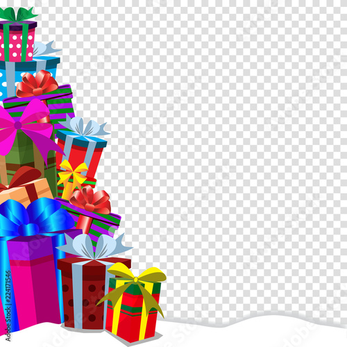 Greeting card clip art with heap of gifts on snow and transparent background