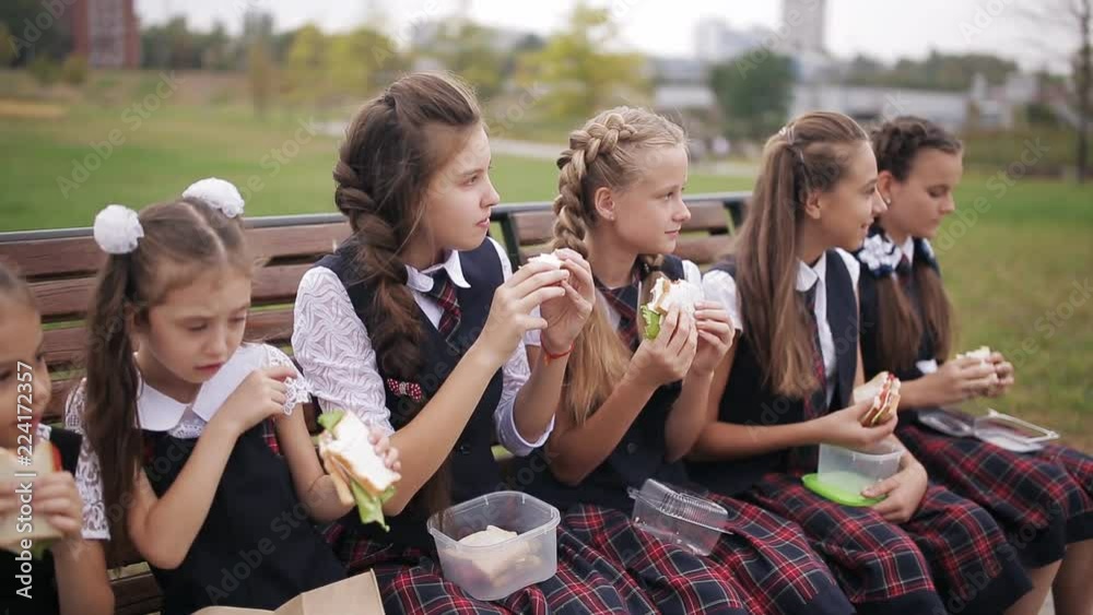College students on the bench in the Park, eating sandwiches, laughing and talking. Happy young friends together, eating lunch on a bench in schoolyard College students on the bench in the Park, eating sandwiches, laughing and talking. Happy young friends together, eating lunch on a bench in schoolyard