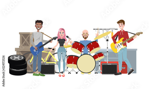 Rock music band play song on the street.