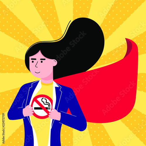 Young female woman girl tears shirt and show t-shirt with no smoking sign icon flat style design vector illustration isolated white background. Concept super girl hero No smoking girl pop art template