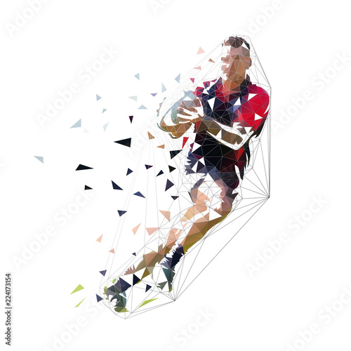Rugby player running with ball, isolated low polygonal vector illustration