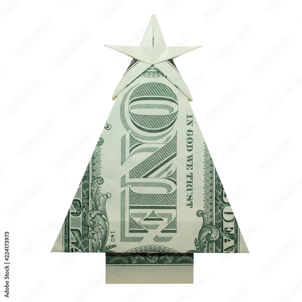 Money Origami CHRISTMAS TREE Folded with Real One Dollar Bill Isolated on  White Background foto de Stock | Adobe Stock