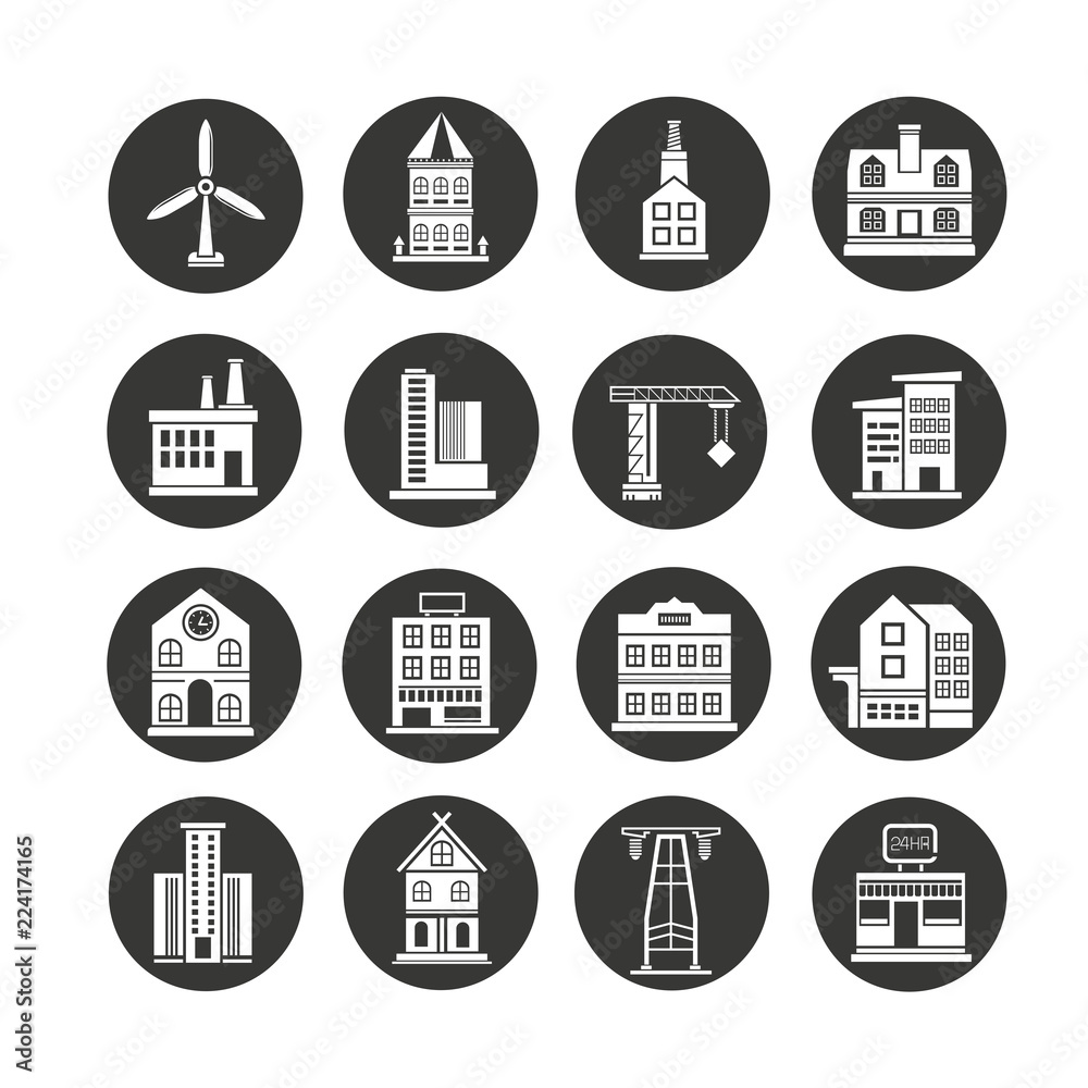 building icon set in circle buttons building icon set in circle buttons