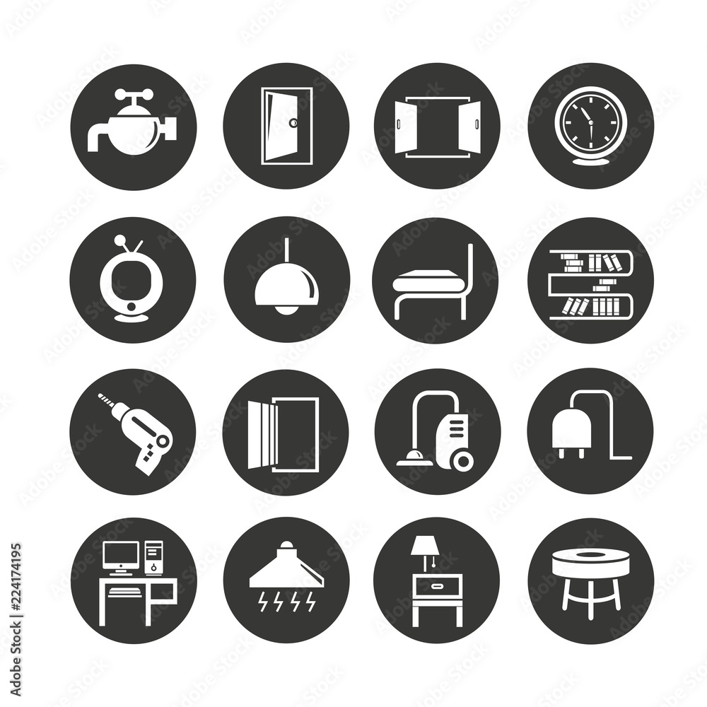 furniture and home appliance icon set in circle buttons furniture and home appliance icon set in circle buttons