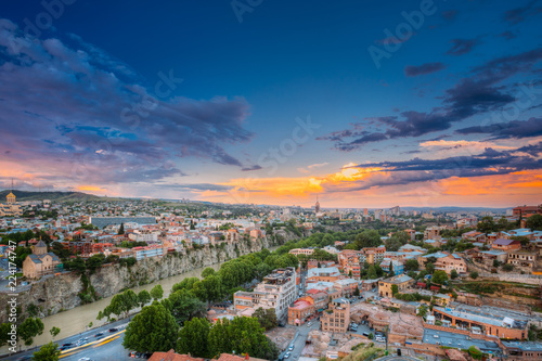 Tbilisi, Georgia. Evening Top View Of City At Colorful Sunset. C