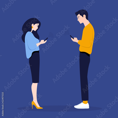 A woman and a man stand in profile and look in their phones. Smartphones and technologies. Communication. Vector Flat Illustration