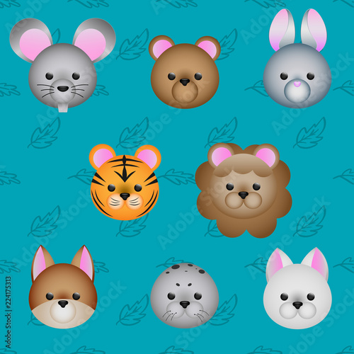 Cute cartoon animals face icon set  vector illustration