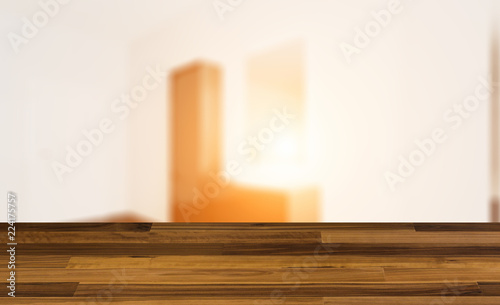 blank wooden table. Flooring. Mosaic Walls. Freestanding bath with towels in grey modern bathroom. 3D rendering.. Sunset