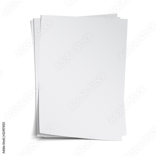 Stack of blank sheets with shadow, vector template, isolated on white