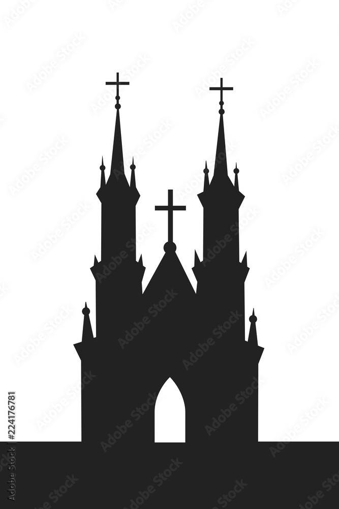 Christian sacral building - cathedral and church with spires and towers. Cross of Christianity on the top of the building. Vector illustration