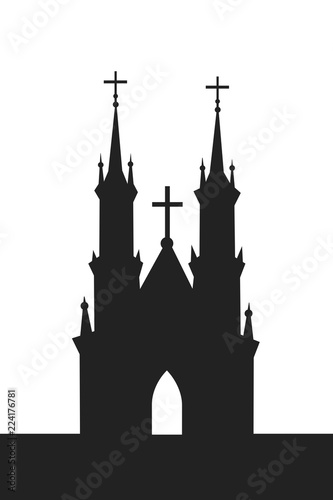 Christian sacral building - cathedral and church with spires and towers. Cross of Christianity on the top of the building. Vector illustration
