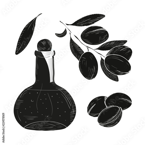 Argan. Set. Plant and oil. Black silhouette.
