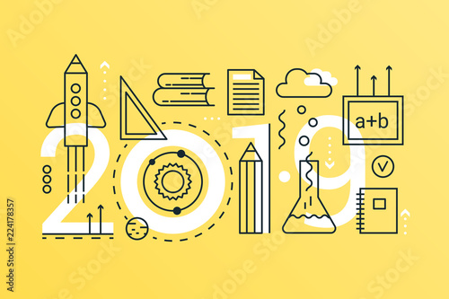 Back to school 2019 word trendy composition concept banner. Outline stroke school, college, knowledge, online learning and graduation. Flat line icons lettering typography.