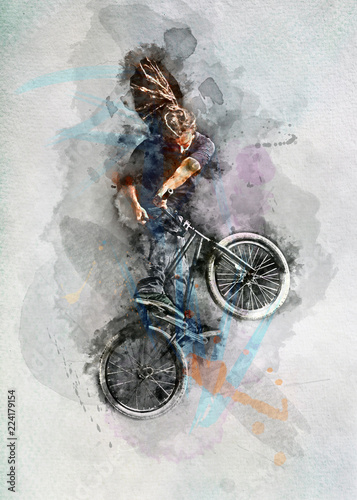 Man doing a stunt on his BMX bicycle in watercolors.