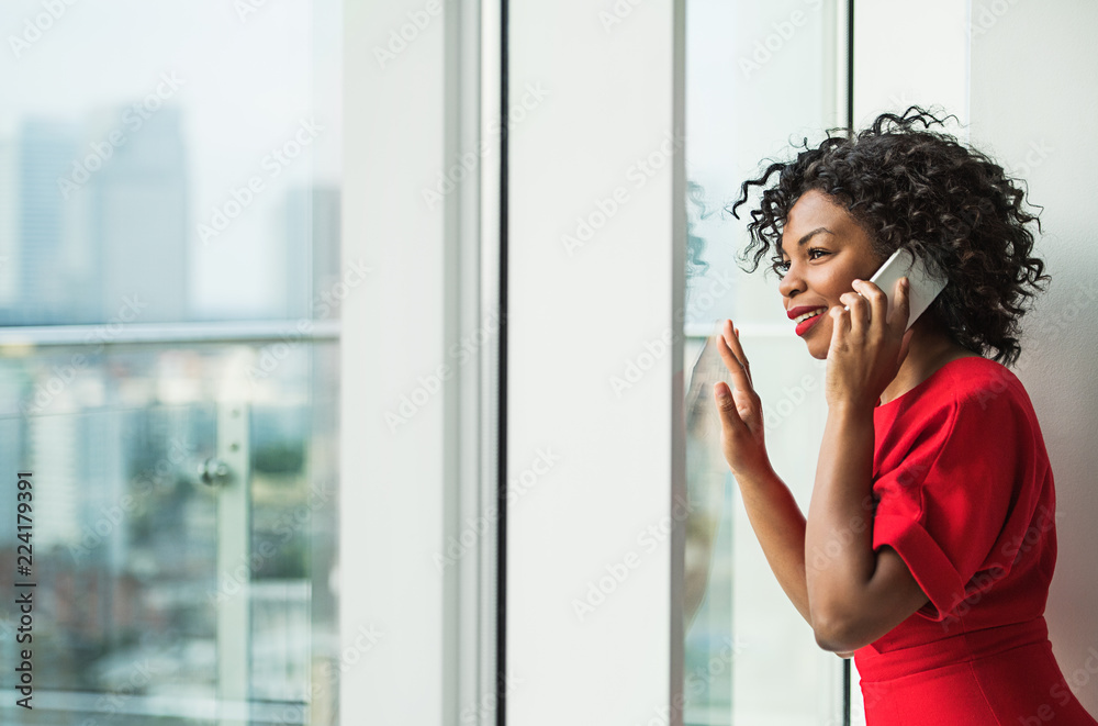 A portrait of woman with smartphone standing by the window.
